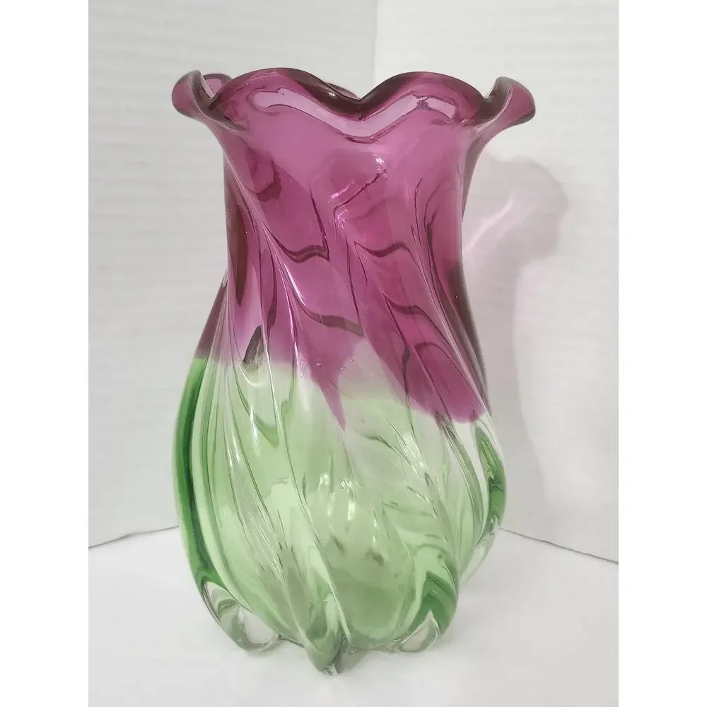Vintage 1990s Teleflora Pink Green Swirl Art Glass Fluted Ruffled Vase
